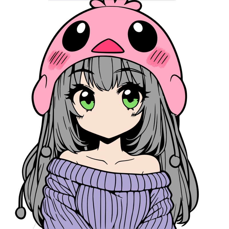 anime girl with chick shaped hat with sweater with bare shoulders with bangs covering them one eye with low tail