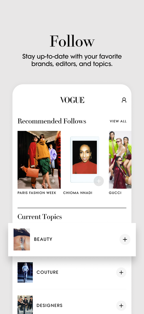 Vogue: Fashion & Shopping - The follow screen in the Vogue app displaying recommended fashion brands, editors, and topics.