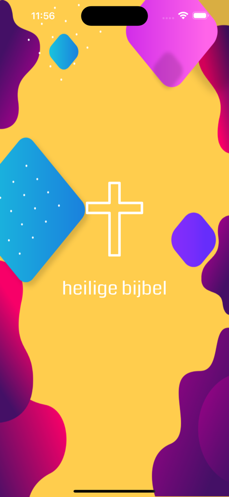 Dutch Bible Offline - Splash screen of the Dutch Bible Offline app with a white cross and the text heilige bijbel on a yellow background with abstract shapes.