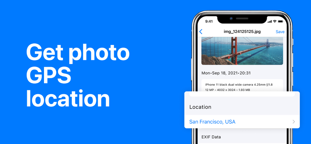 EXIF MetadataーMetadata Remover - iPhone screen showing photo GPS location and camera settings metadata