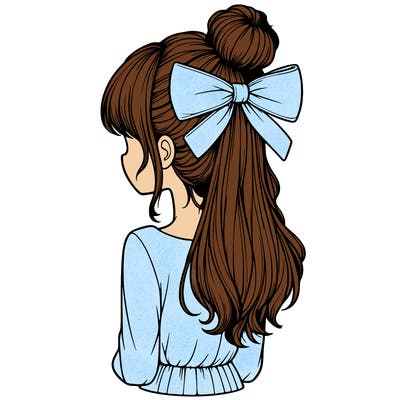 realistic girl  with hip length hair a bun and a big bow on the back of head