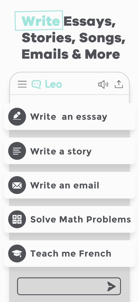 Interfaccia dell'app Leo AI che mostra pulsanti per scrivere saggi, storie, email, risolvere problemi di matematica e apprendimento delle lingue.