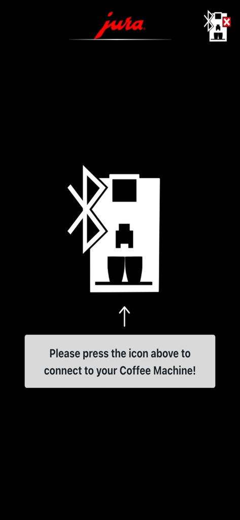JURA Pocket Pilot - JURA Pocket Pilot app screen with instructions to connect a smartphone to a JURA coffee machine via Bluetooth.