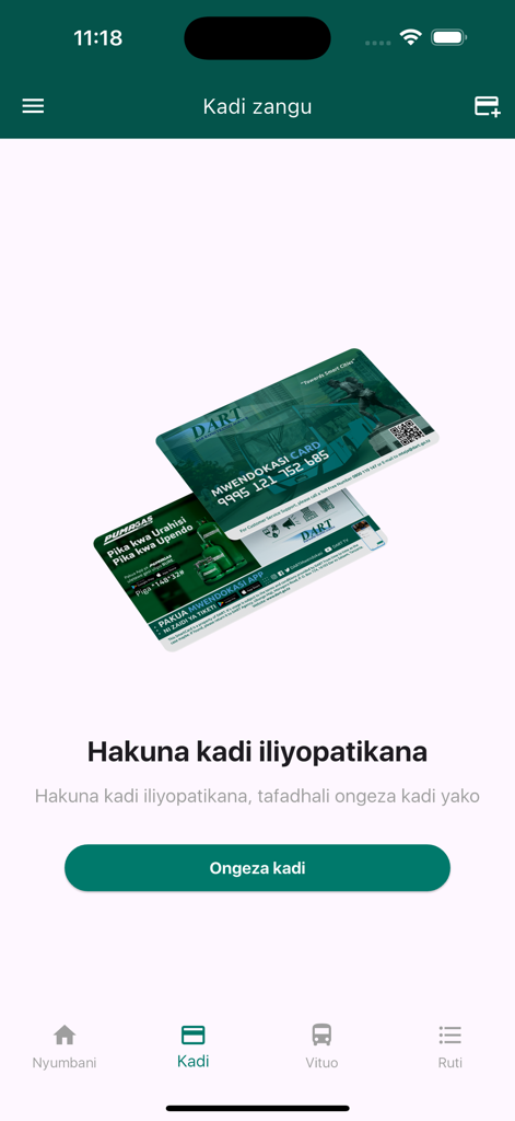 Mwendokasi app interface showing the transit card management screen with an option to add a new card