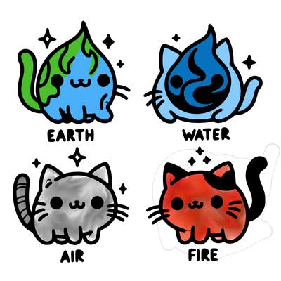 4 cats that represent the different elements, earth, water, air, and fire