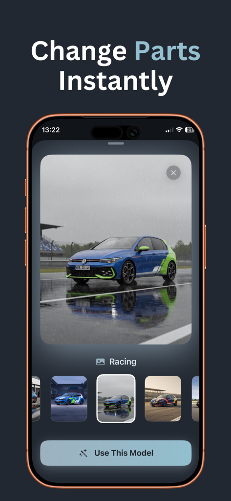 AI Car Modification - CarModo - A mobile app interface showing a blue modified car on a wet racing track with options to change parts instantly.