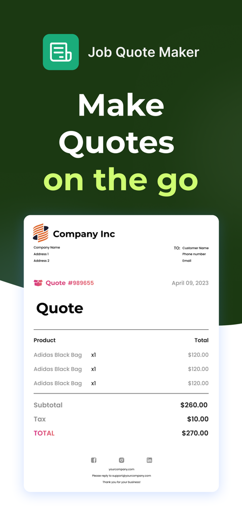 Job Quote Maker mobile app interface showing a professional business estimate template