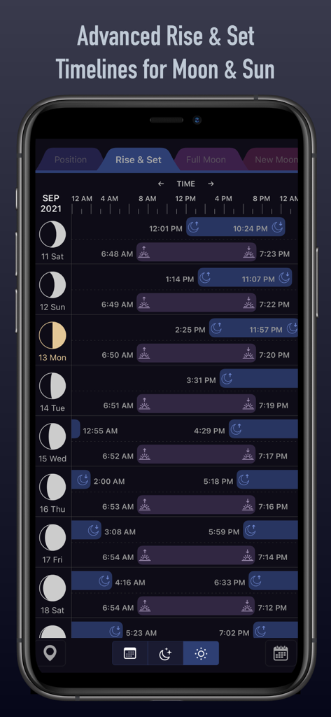 Moon Plus - Calendar + Compass - モバイルインターフェース上の月と太陽の高度な出没タイムライン