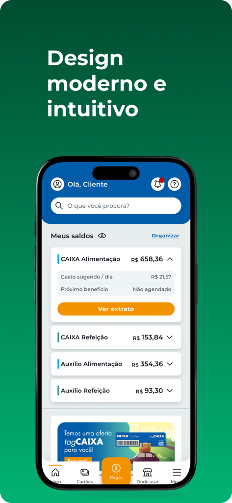 Smartphone mostrando el panel de la aplicación Caixa Refeicao e Alimentacao con varios saldos de beneficios de alimentación