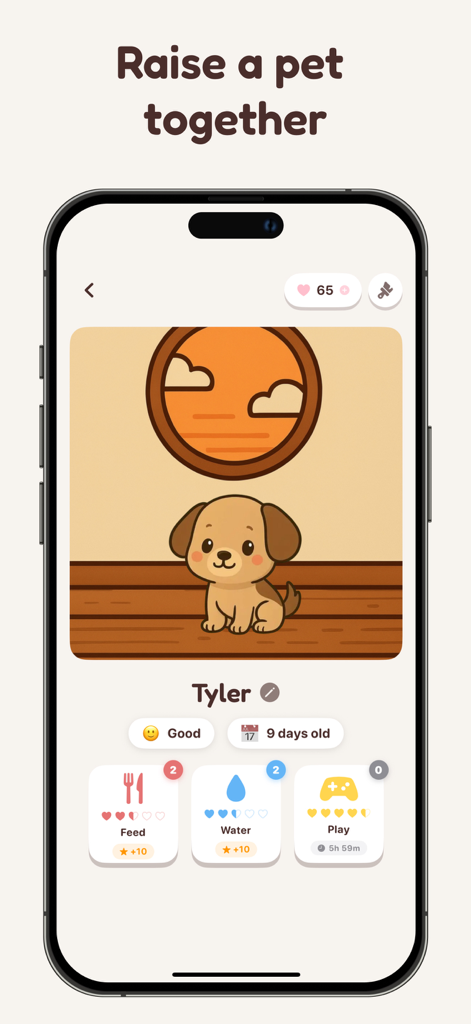 Pookie - Raise a shared pet - Interfaz de la app Pookie que muestra un cachorro virtual llamado Tyler con opciones para alimentarlo, darle agua y jugar