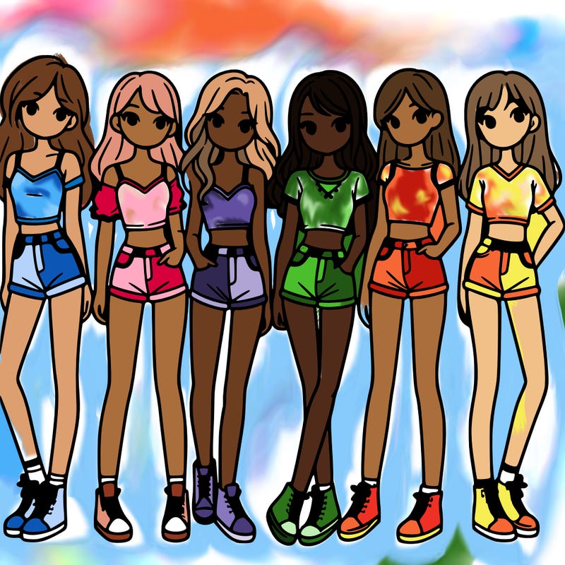 a group of girls wearing crop tops and shorts