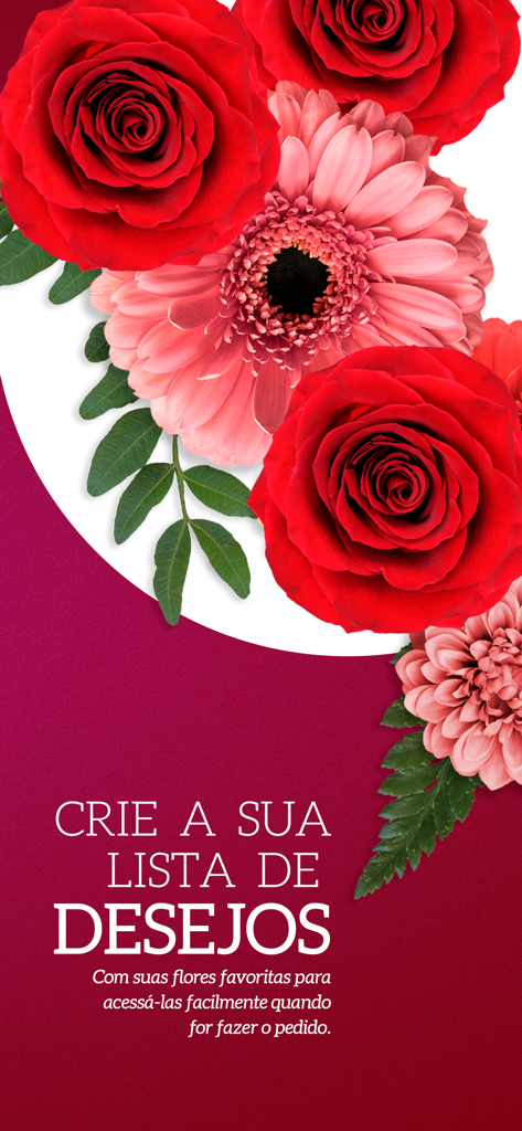 Giuliana Flores - Tela promocional do aplicativo Giuliana Flores com rosas vermelhas e texto sobre a criação de uma lista de desejos de flores