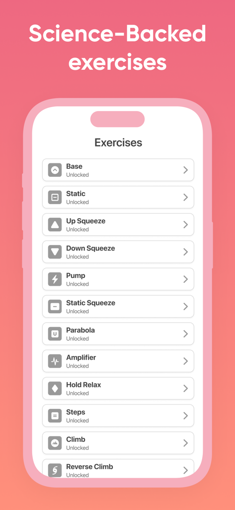 Pelvic Gym: Kegel Trainer - A list of science-backed pelvic floor exercises in the Pelvic Gym app including Up Squeeze and Pump.
