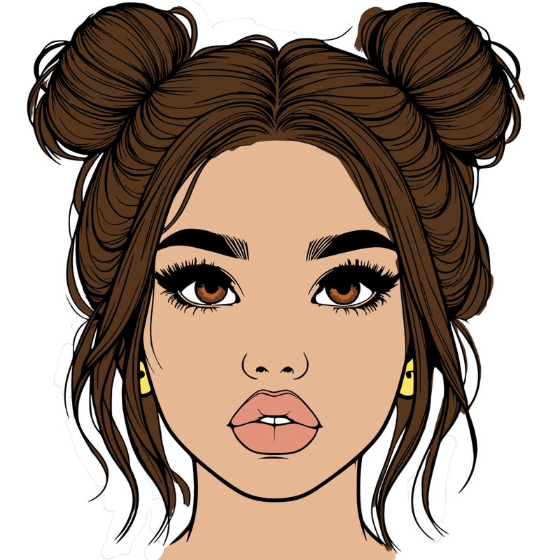 realistic girl with two buns on her hair and lips