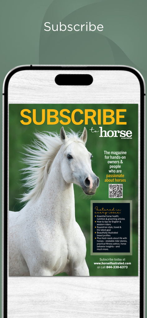 Horse Illustrated Magazine - Subscription screen for Horse Illustrated Magazine showing a white horse and magazine features