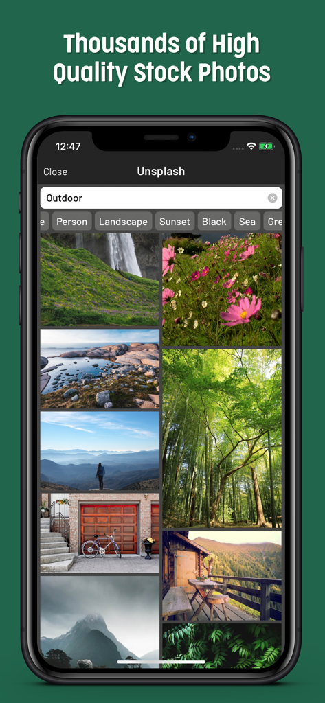 Mematic - The Meme Maker - Unsplash 통합을 통한 야외 스톡 사진 검색을 보여주는 Mematic 앱 인터페이스
