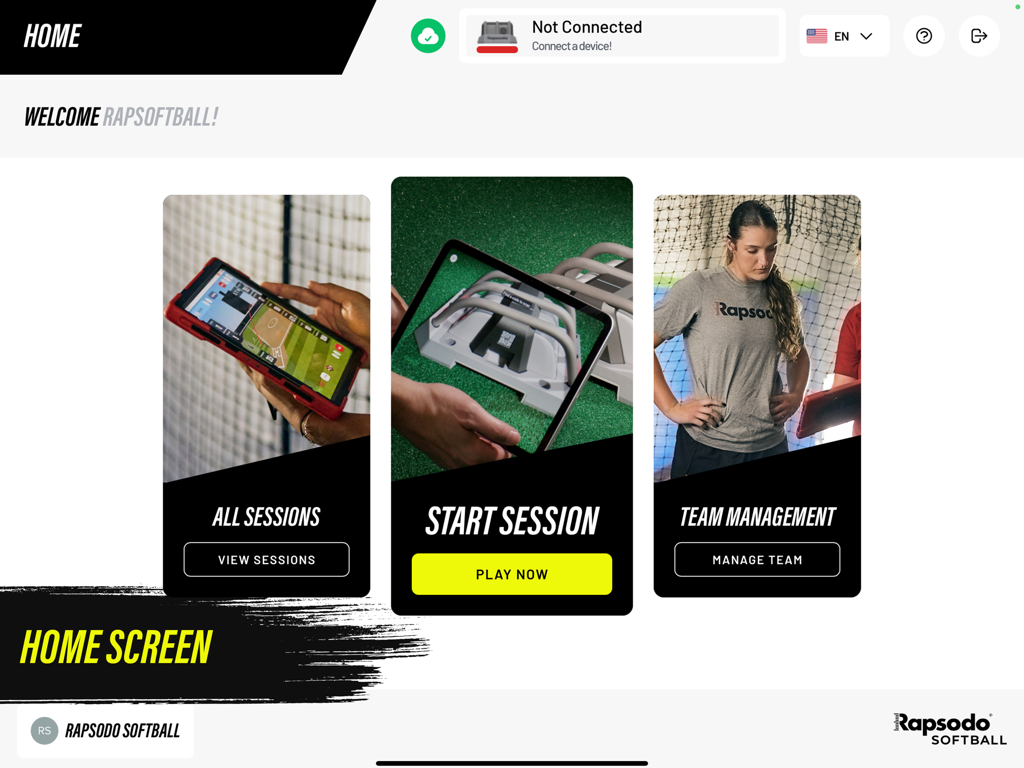 Rapsodo Softball - The home screen of the Rapsodo Softball iPad app showing session and team management options.