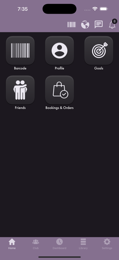 Home screen of the VIDA Fitness app featuring navigation icons for barcode profile goals friends and bookings