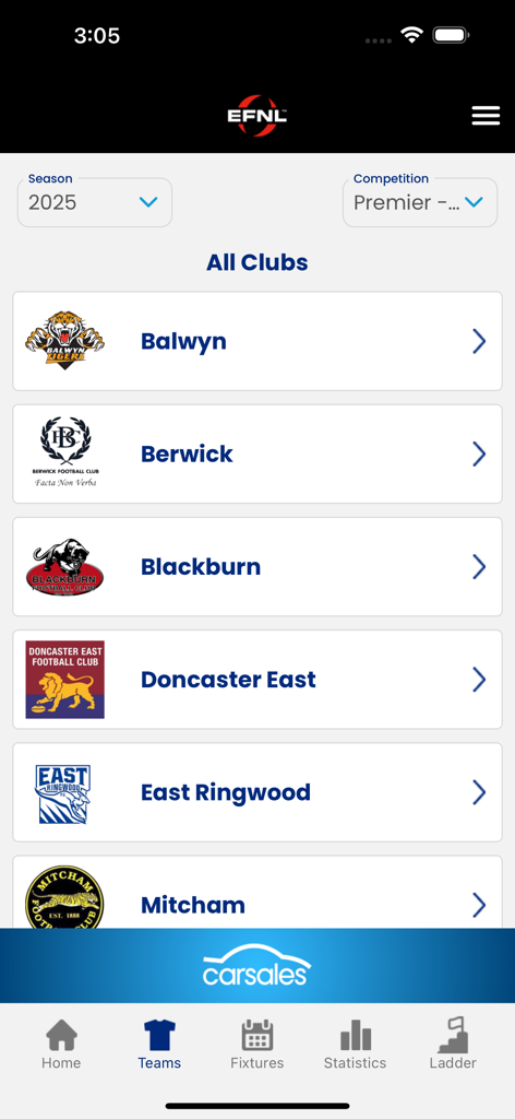 EFNL app screen showing a list of football and netball clubs including Balwyn Berwick and Blackburn
