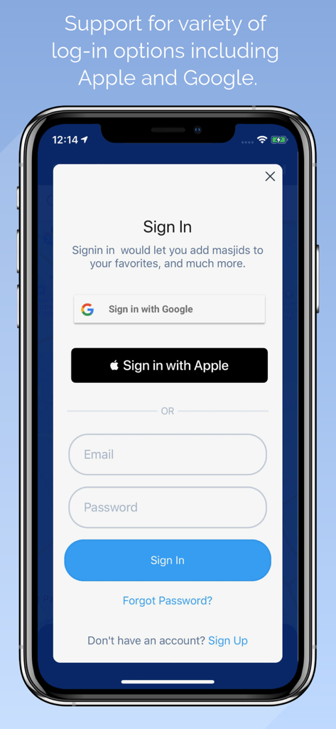 Masjidi-Salah and Iqamah times - Sign in screen for the Masjidi app showing options to log in with Google, Apple, or email.