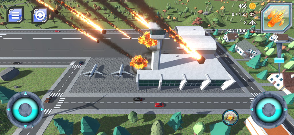 Meteorites hitting an airport building with realistic explosions in the game Total City Smash Nuclear War.