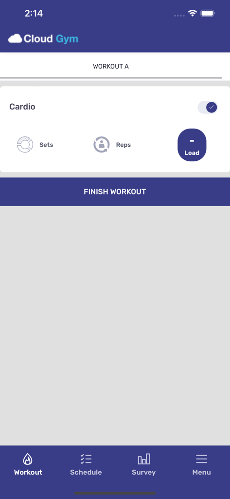 Cloud Gym EUR - Cloud Gym EUR mobile app interface for tracking workout progress and cardio exercises.