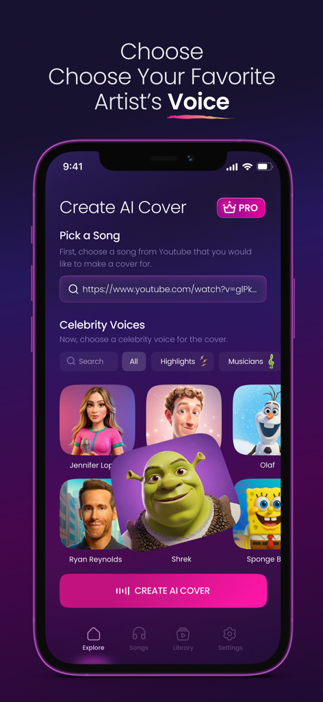Interface of the Coverly app showing options to paste a YouTube link and select AI voices from a list of celebrities and characters like Shrek and Ryan Reynolds.