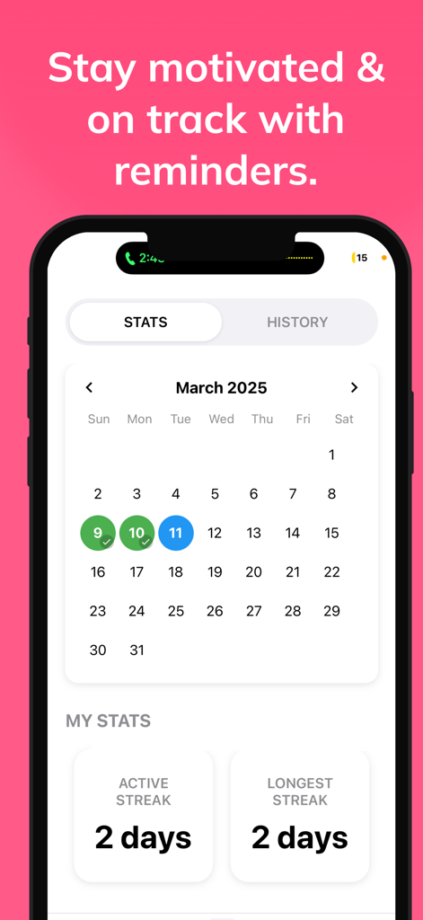 Workout tracker calendar and active streak statistics in the Tone AI Pilates app