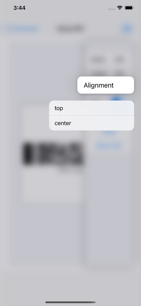 PDF417 DECO - アプリ内でPDF417バーコードの上部および中央配置のための配置設定を示すメニュー。