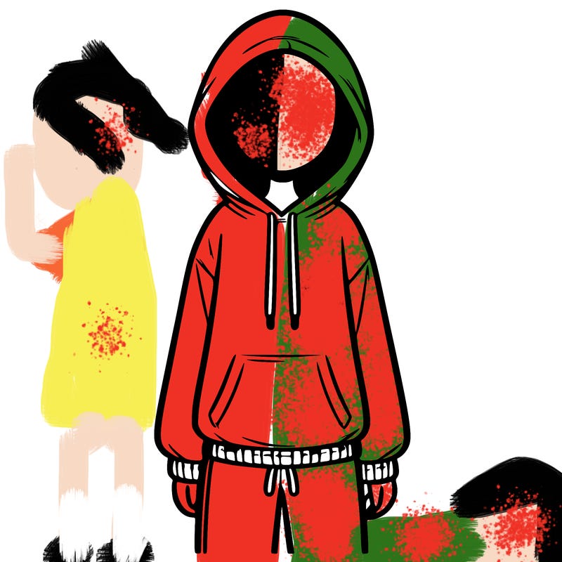 faceless girl in a tracksuit with a hood on and no hair