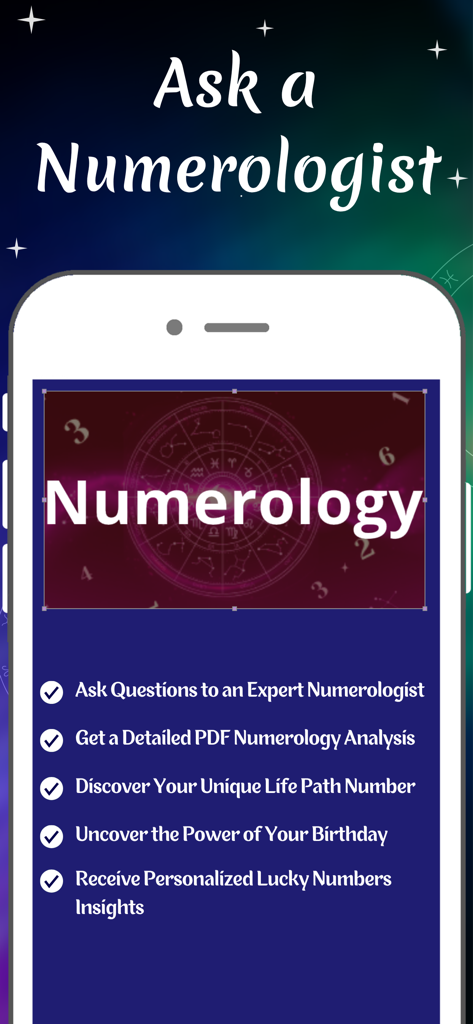 Numerology Future Astrology - 専門家による数秘術の相談機能とパーソナライズされた人生レポートを表示するモバイルアプリ画面