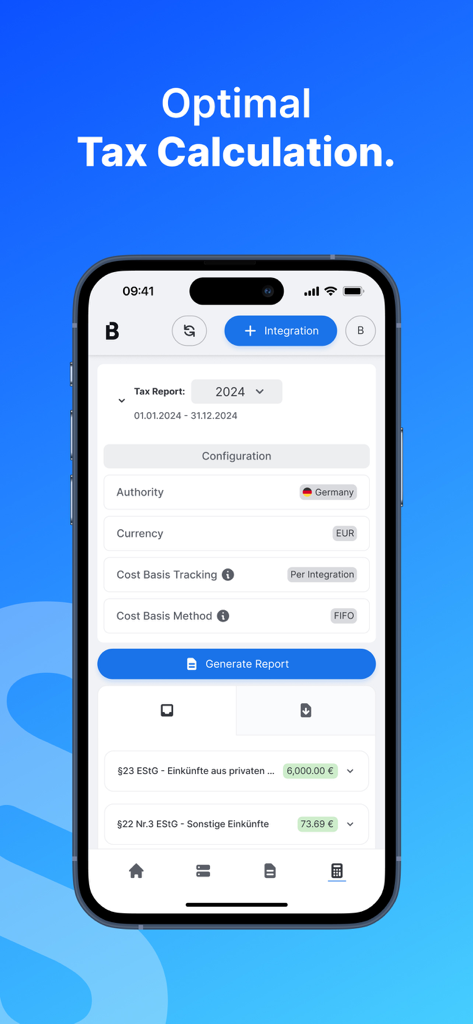 Blockpit: Taxes & Portfolio - Schermata dell'app Blockpit che mostra le impostazioni di configurazione per la generazione di un report fiscale crypto