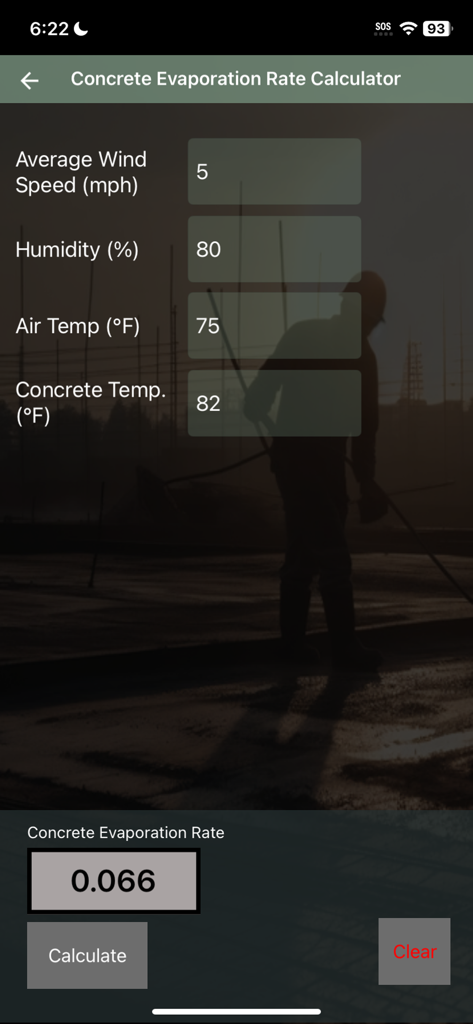 Water Cement Ratio And More - Interface of the Concrete Evaporation Rate Calculator with input fields for wind speed humidity and temperature