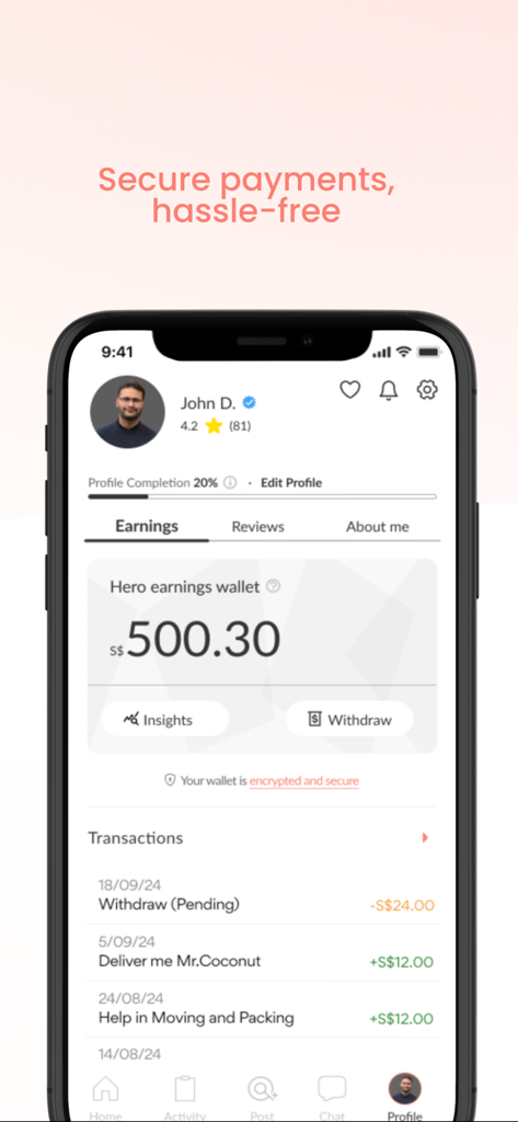Quest - Hire a Hero - Hero profile in the Quest app displaying earnings wallet balance and recent task transactions.