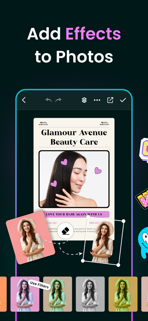Poster Maker app screen demonstrating photo effects background removal and filters for a beauty salon flyer