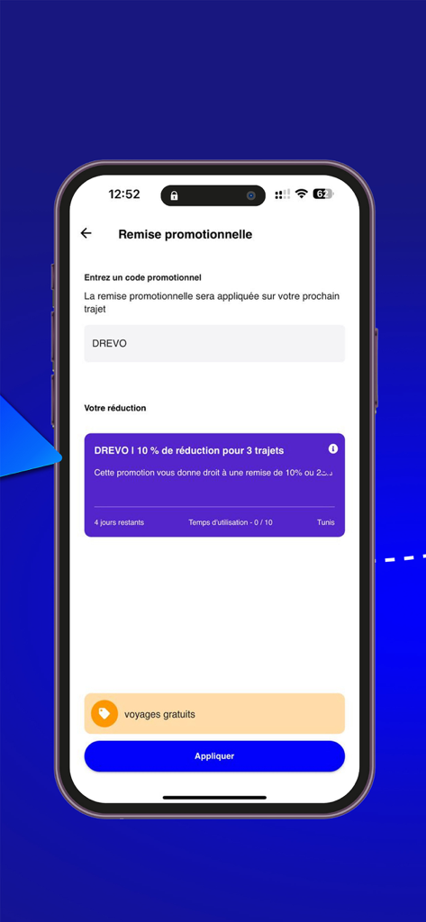 Interface do aplicativo de transporte Drevo mostrando uma tela de inserção de código de desconto promocional.