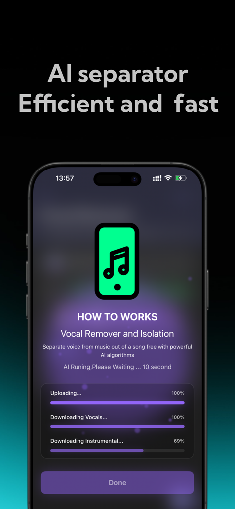 Vocal Remover:AI audio tool - Una interfaz de aplicación móvil que muestra el progreso impulsado por IA de la separación de voces e instrumentales de una pista de música.