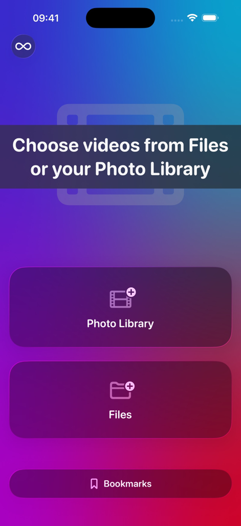 Tela do aplicativo KeyFrame mostrando opções para importar vídeos da Biblioteca de Fotos ou do aplicativo Arquivos.
