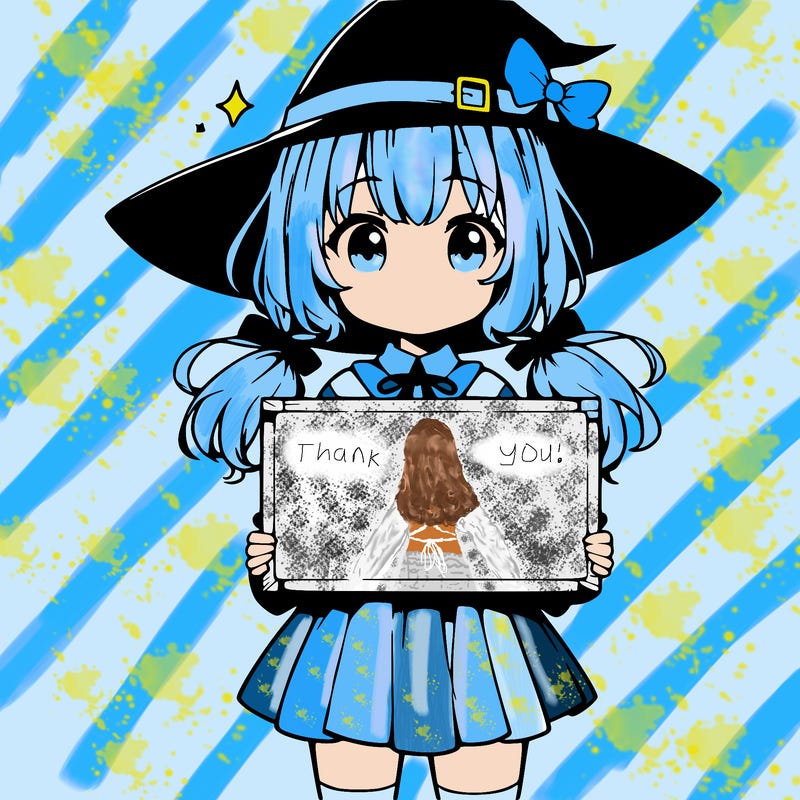 a cute anime witch girl holding a blank sign