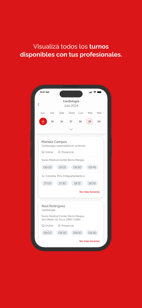 Swiss Medical - Interface de l'application Swiss Medical pour la prise de rendez-vous en cardiologie avec les créneaux horaires disponibles