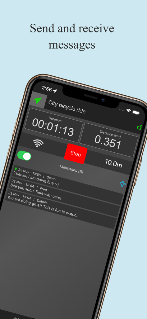 LocaToWeb Realtime GPS tracker - Interfaz de la aplicación LocaToWeb que muestra mensajes en tiempo real y estadísticas de viaje como duración y distancia durante un paseo en bicicleta.