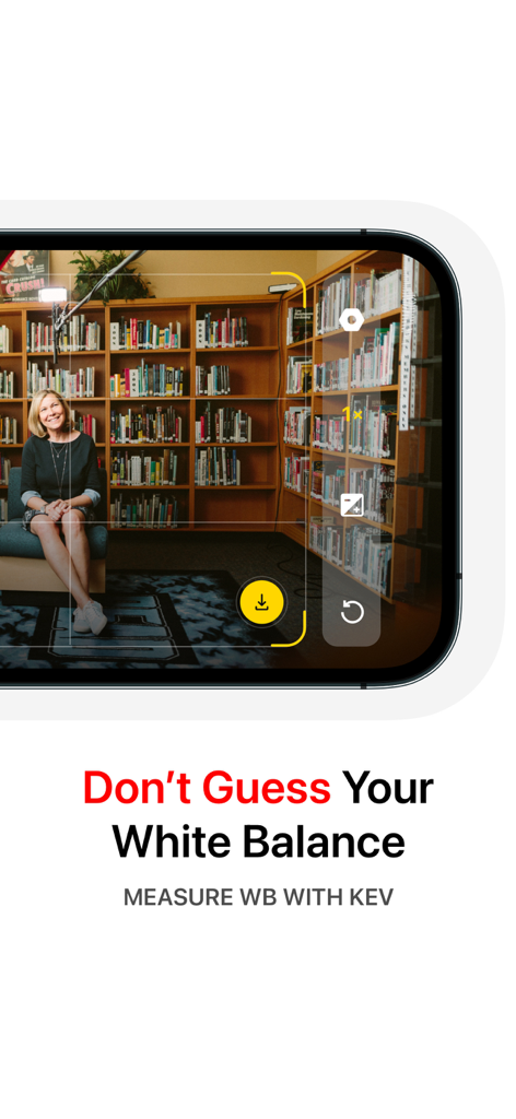 White Balance Meter AI - KEV - Interfaz de la aplicación KEV midiendo el balance de blancos en la pantalla de un smartphone
