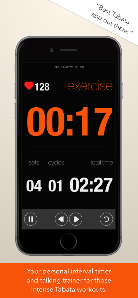 The interface of the Tabata Timer and HIIT Timer app showing an active exercise countdown and heart rate monitoring