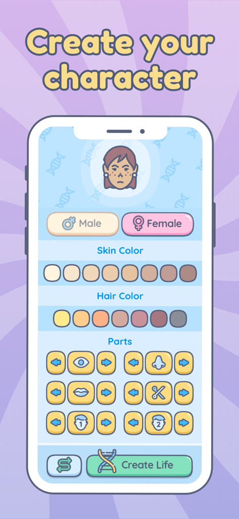 Character creation interface in Everlife Life Simulator with options for gender skin color and facial features