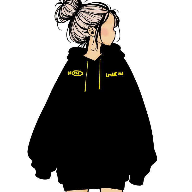realistic girl with a oversized sweatshirt on and a bun