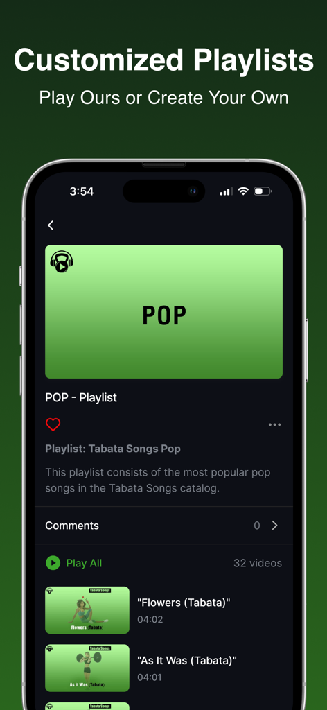 Tabata Songs Plus - Tabata Songs Plus mobile app showing a pop music playlist screen for HIIT workouts