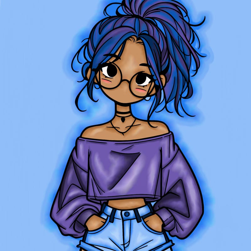 girl with a messy ponytail glasses a baggy crop top and jean shorts