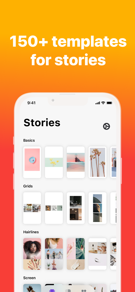 Repost Posts Videos: RepostMax - RepostMax app interface showing various story templates categorized by grids and basics