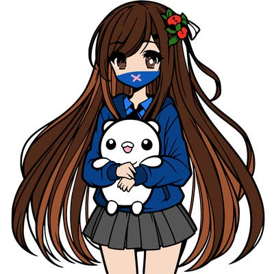 a girl with long hair holding a plushie also anime styled