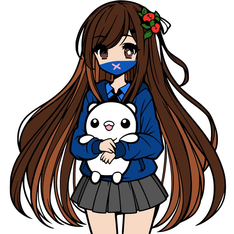 a girl with long hair holding a plushie also anime styled